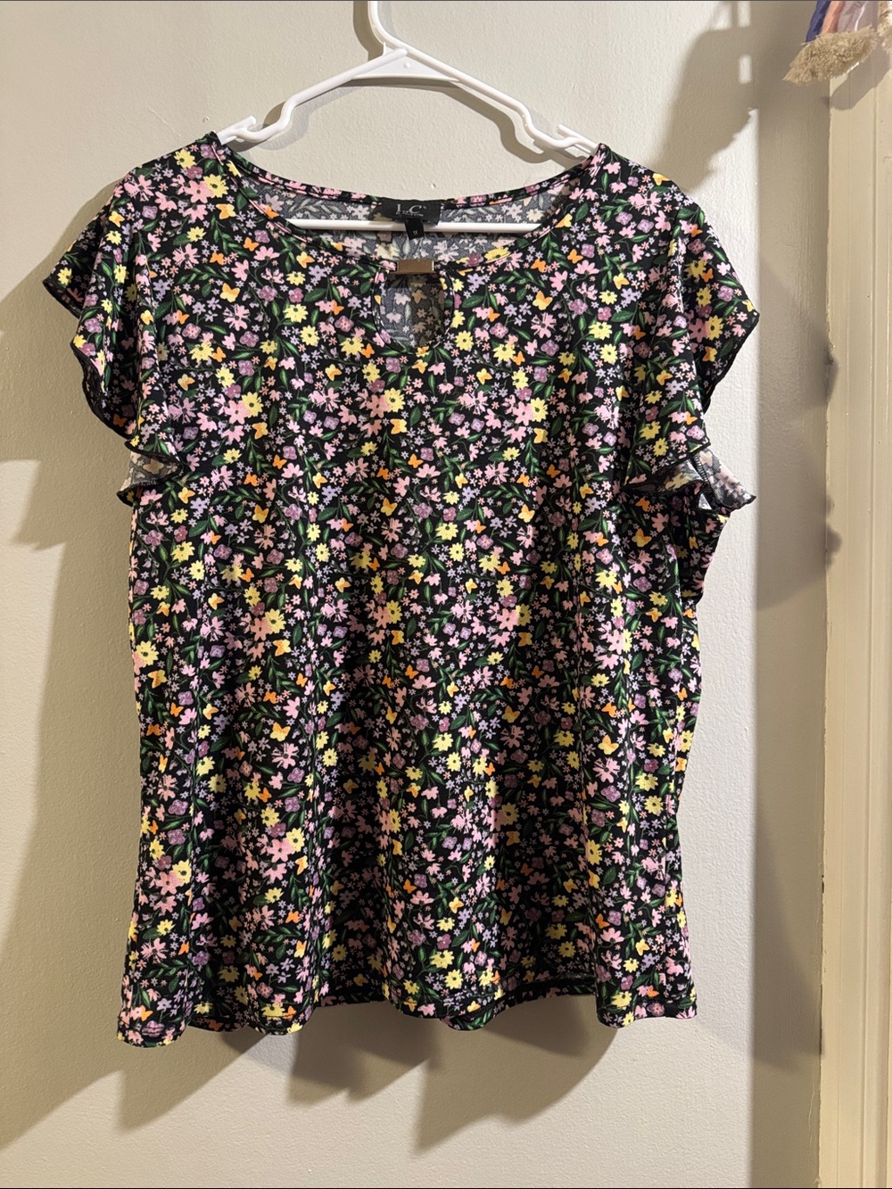 Floral Ruffle Sleeve Blouse - Black with Pink & Yellow Flowers